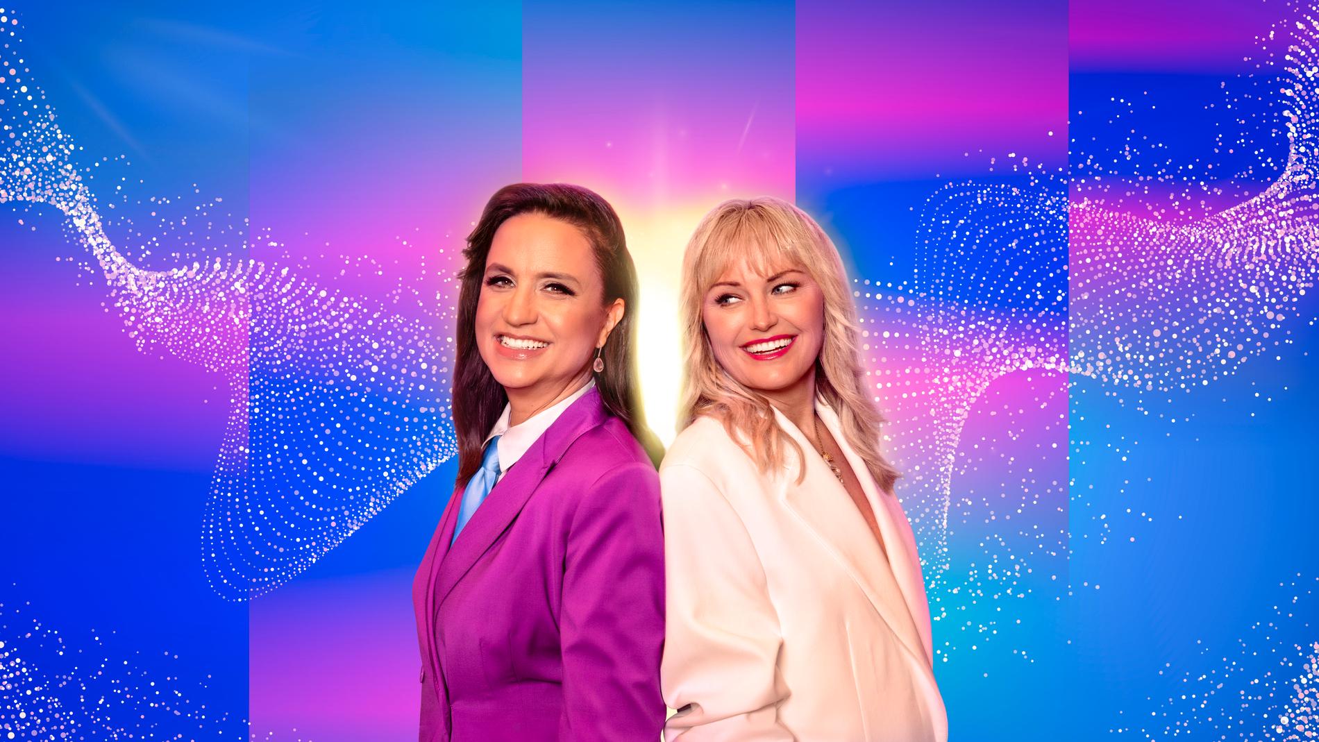 Petra Mede och Malin Åkerman leder Eurovision Song Contest i Malmö. Pressbild.