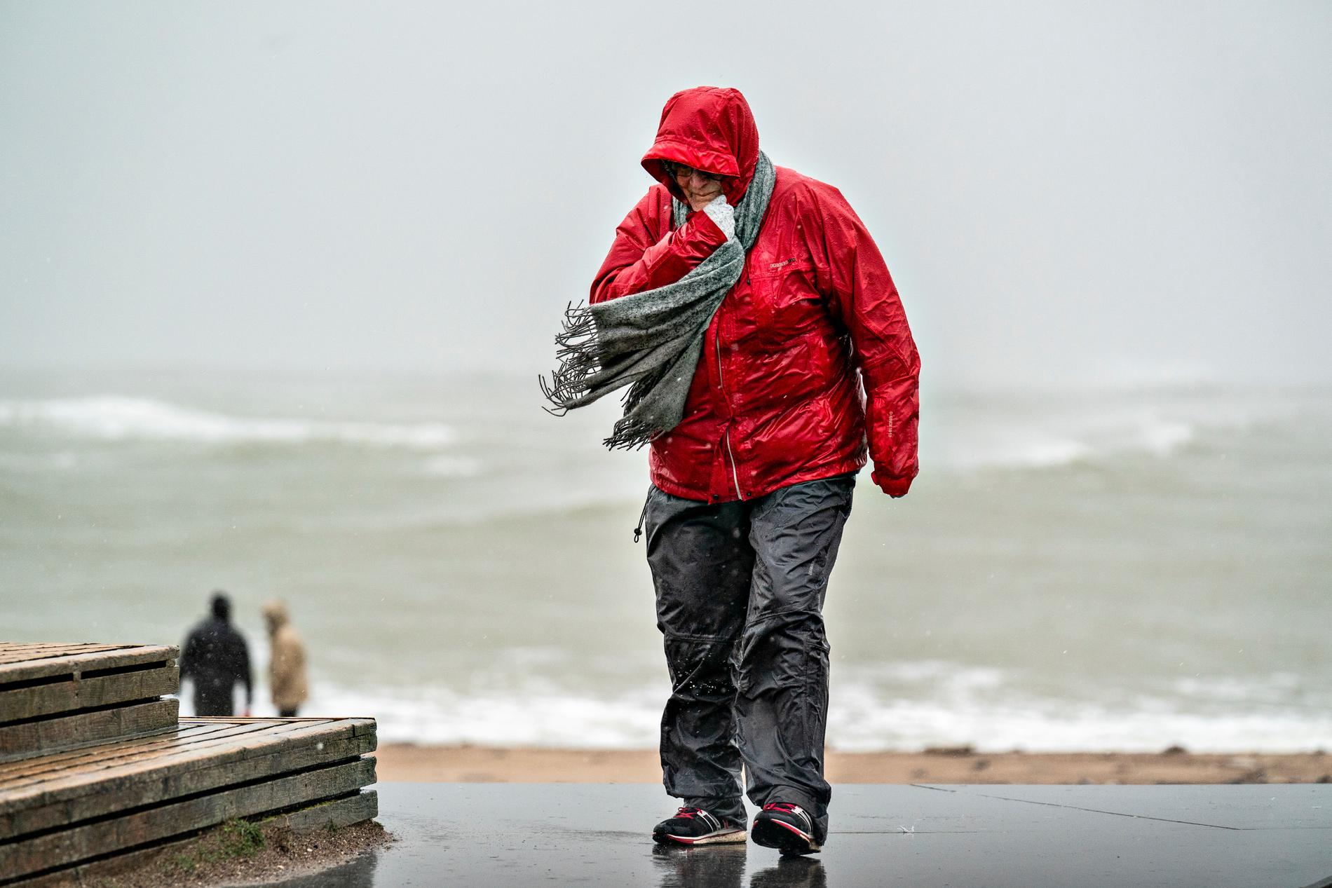 En person i Klitmøller i nordvästra Danmark promenerar på stranden under stormen Ciara. Bild från 9 februari.