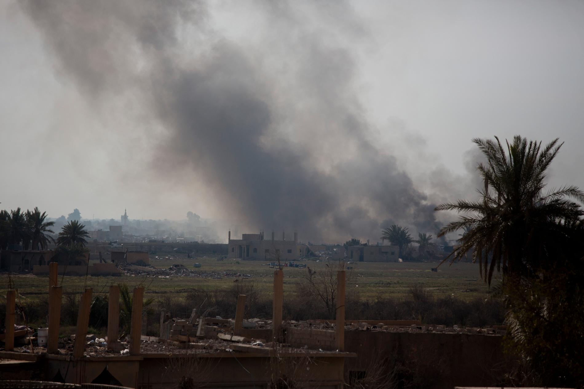 SDF-milisen attackerar det spm finns kvar av IS-fästet i al-Baghuz i sydöstra Syrien.