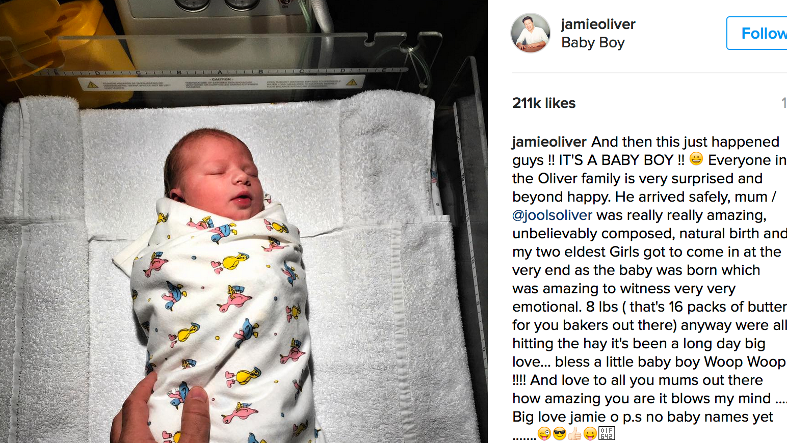 Jamie Oliver delade med sig av den glada nyheten på Instagram
