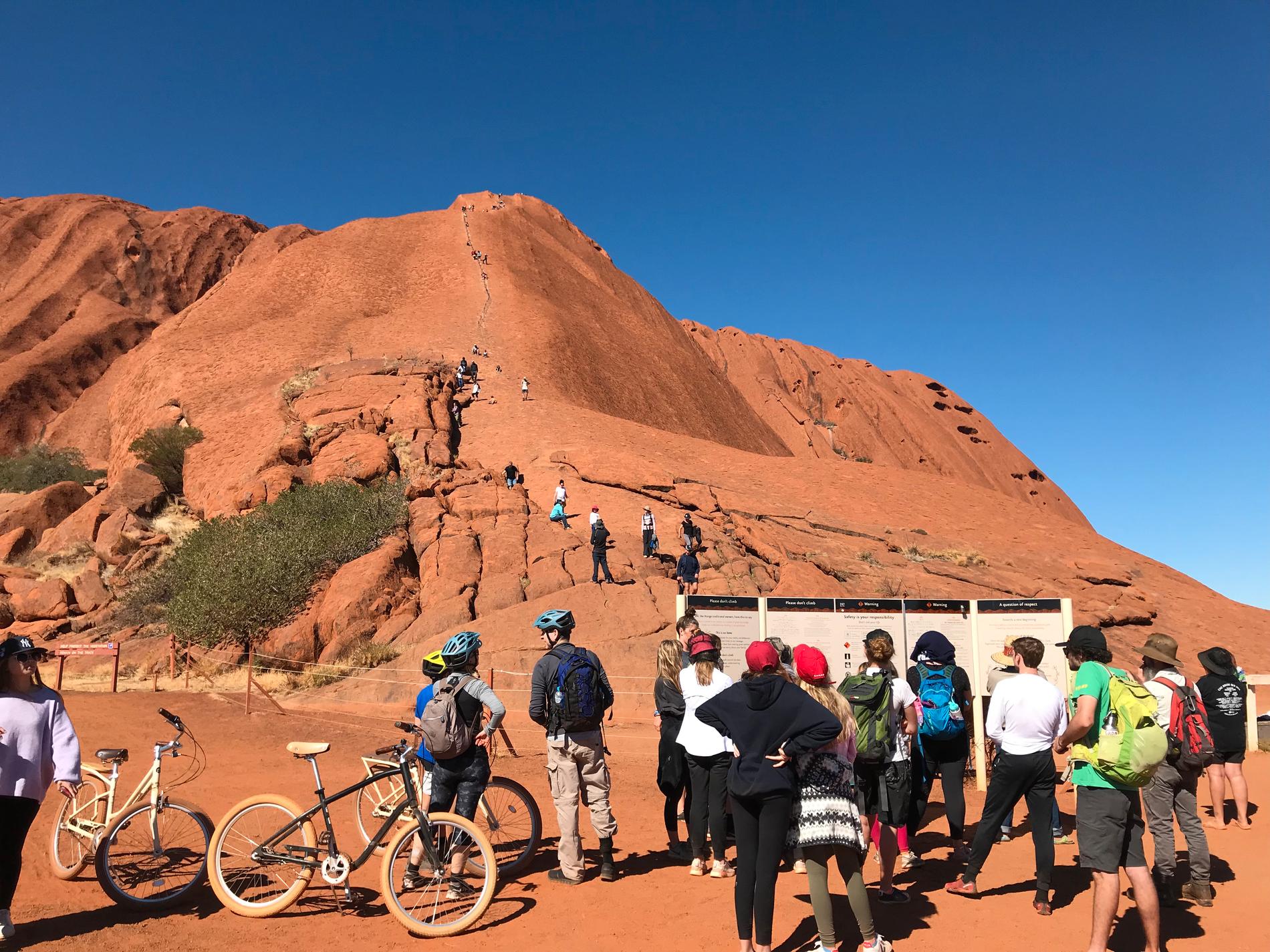Klättrarna ser ut som en rad myror på väg upp för Uluru. Men många besökare avstår när de läst informationsskyltarna om varför bestigning inte rekommenderas, både av säkerhets- och kulturskäl.