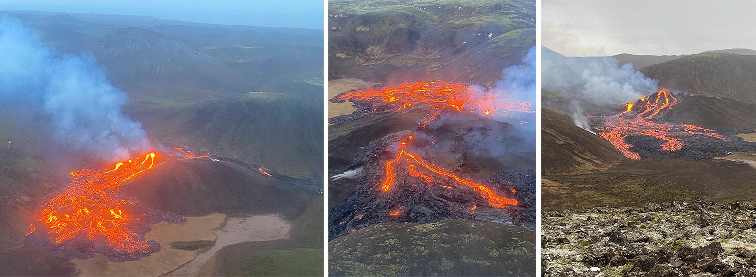 På kustbevakningens flygbilder syns hur lavan rinner från berget i flera riktningar.