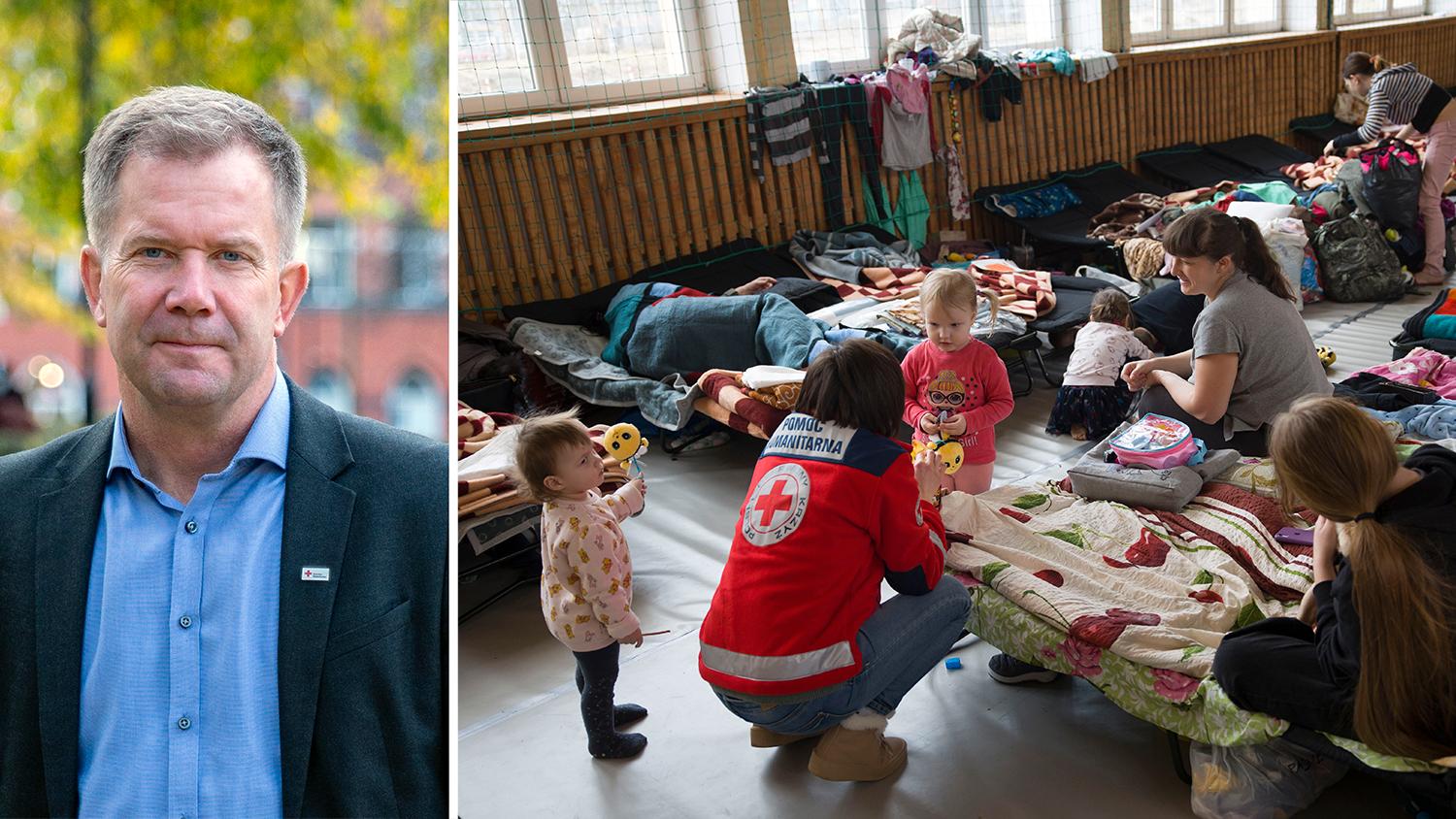 Martin Ärnlöv, generalsekreterare för Svenska Röda Korset. Människor som flytt från Ukraina har fått skydd i tillfälliga lokaler i Lublin i sydöstra Polen. Polska Röda Korset har delat ut sängar, filtar, mat och vatten.