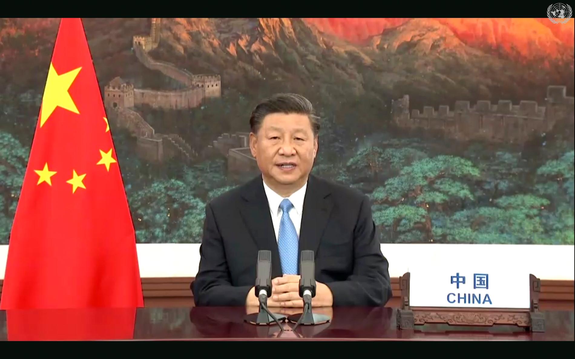 Kinas president Xi Jinping under sitt videotal till FN:s generalförsamling i tisdags.