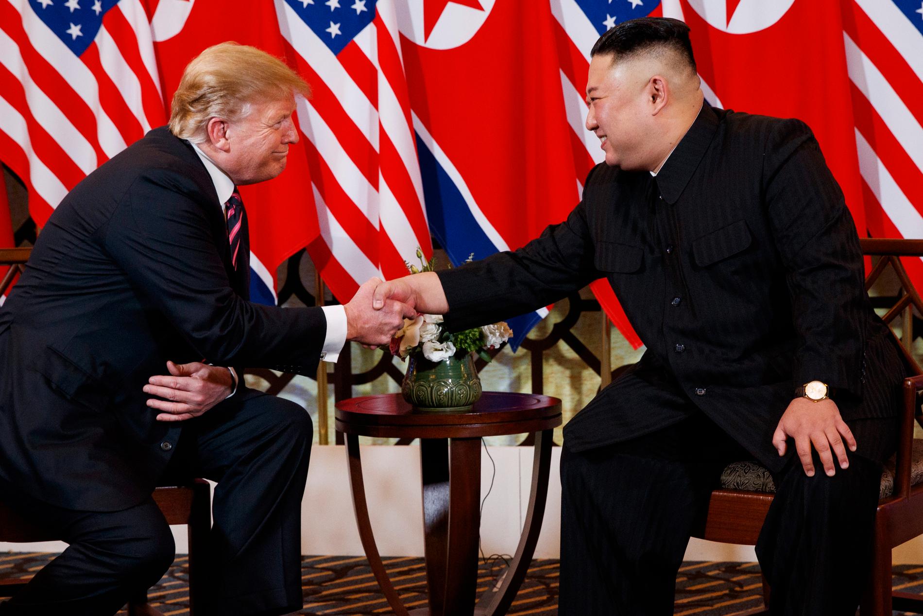 USA:s president Donald Trump skakar hand med Nordkoreas ledare Kim Jong-Un vid ett toppmöte i Vietnams huvudstad Hanoi tidigare i år. Arkivbild.