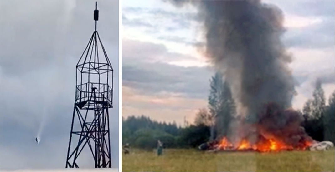 Skärmdumpar från videoklipp som uppges visa hur planet störtar och det brinnande vraket.