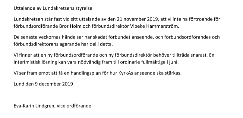 Den lokala stiftskretsen i Lund kräver nu att förbundsdirektör Vibeke Hammarström och förbundsordförande Bror Holm avgår.