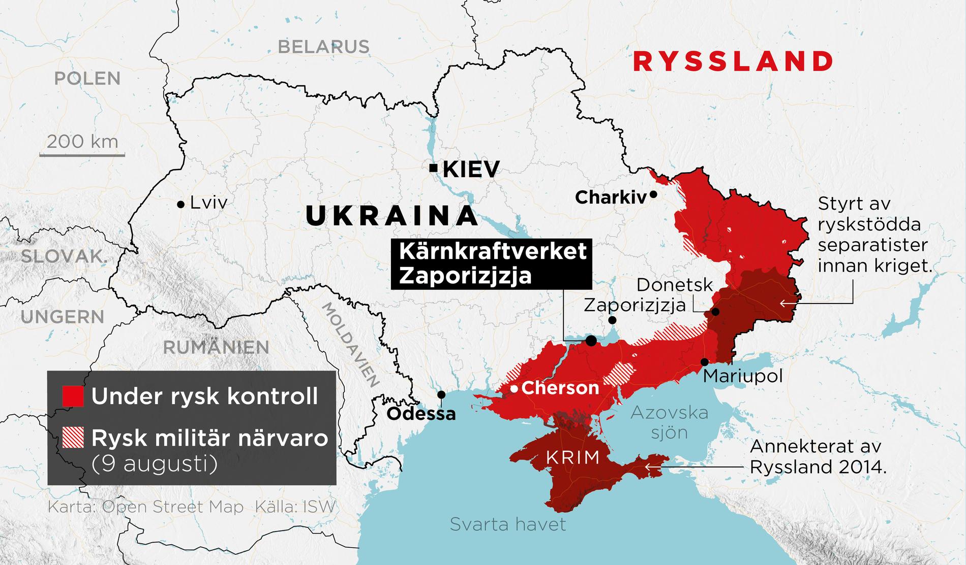 Områden under rysk kontroll samt områden med rysk militär närvaro 9 augusti samt kärnkraftverket Zaporizjzja.
