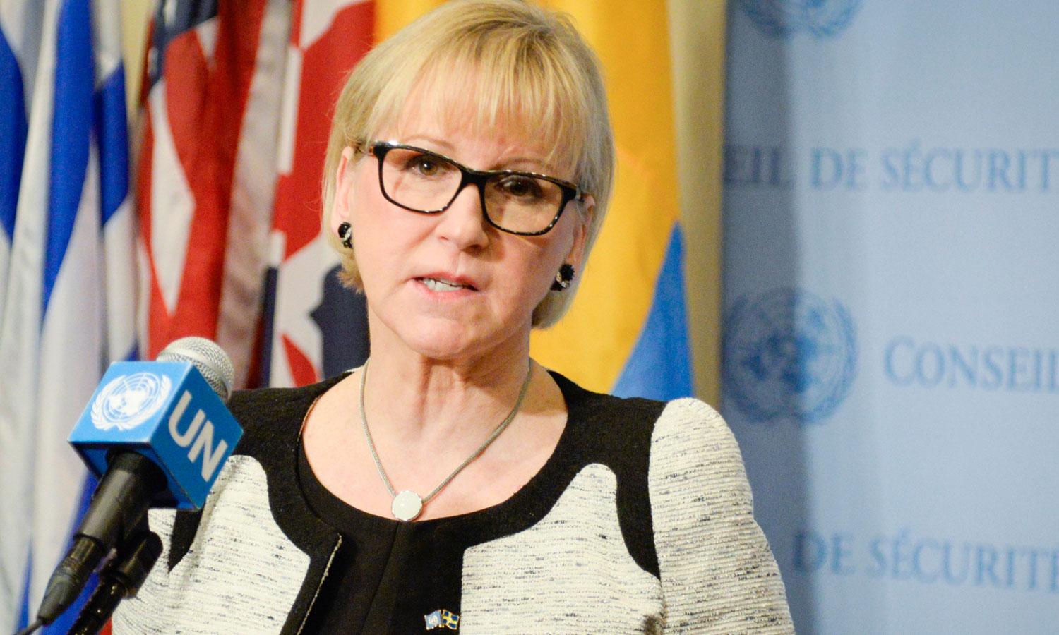Sveriges utrikesminister Margot Wallström (S) utanför säkerhetsrådet i New York.