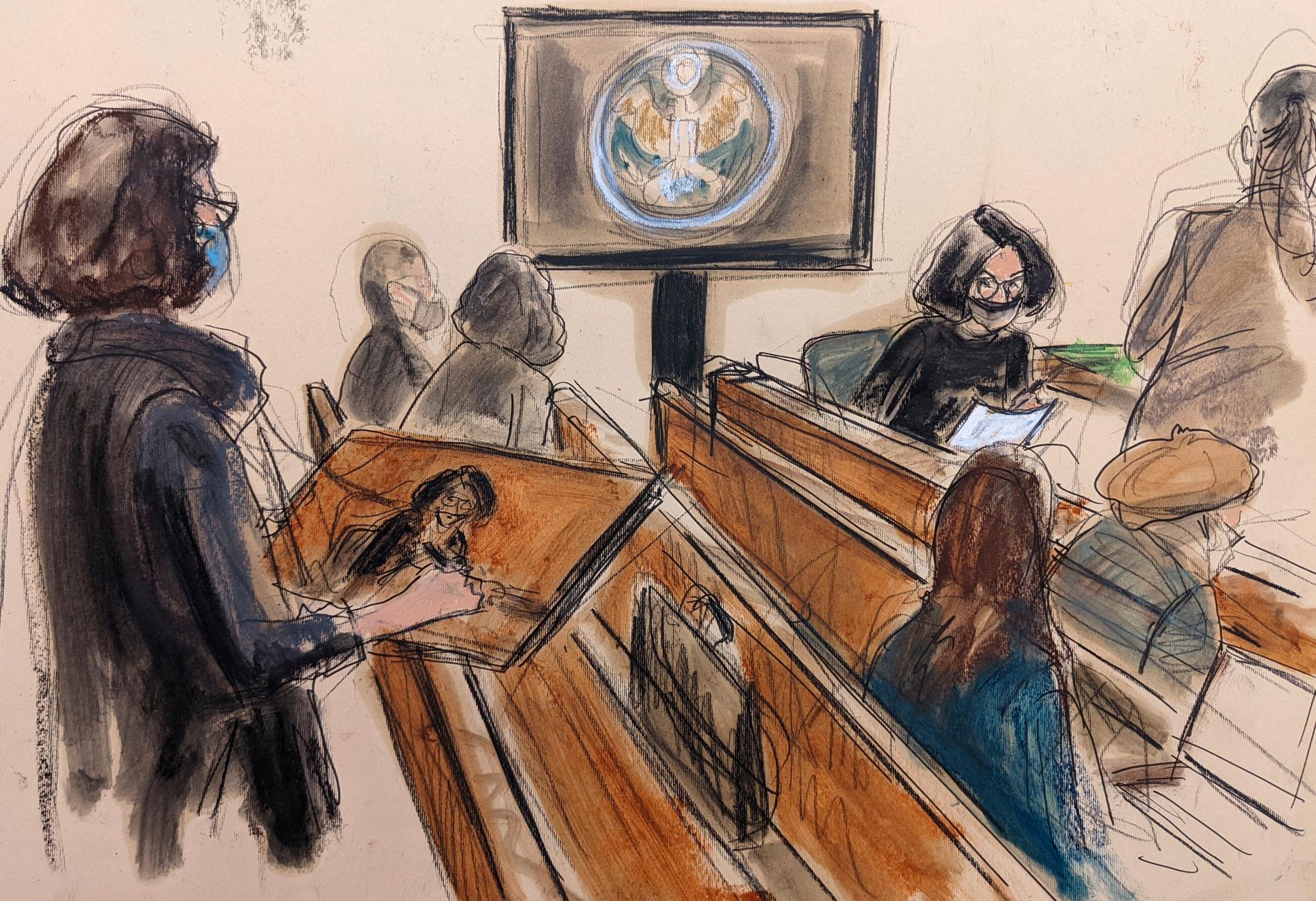 Tecknad bild från rättegången.