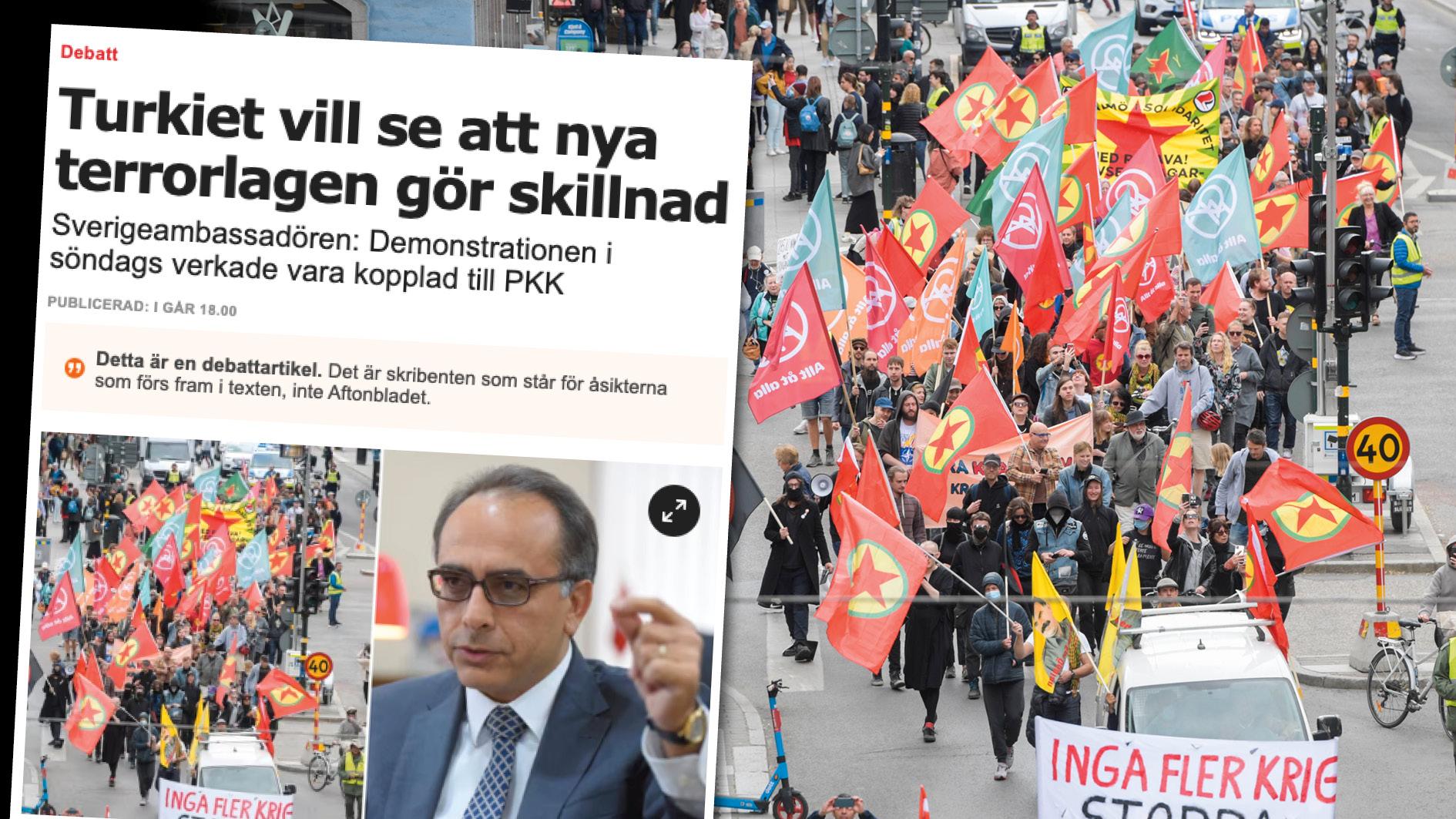 Yönet Can Tezel, det finns dem i Sverige som accepterat krypandet för Erdogan i hopp om ett Natomedlemskap. Men låt dig inte luras, Turkiets demokratiska trovärdighet är noll hos en bred allmänhet, skriver Rojavakommittéerna. Bilden är från demonstrationen i Stockholm den 4 juni.
