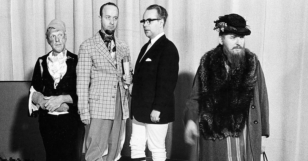 Tage Danielsson, Hans Furuhagen, Carl-Uno Sjöblom och Hans Alfredsoni tv-programmet ”Mosevisionen” 1968. 