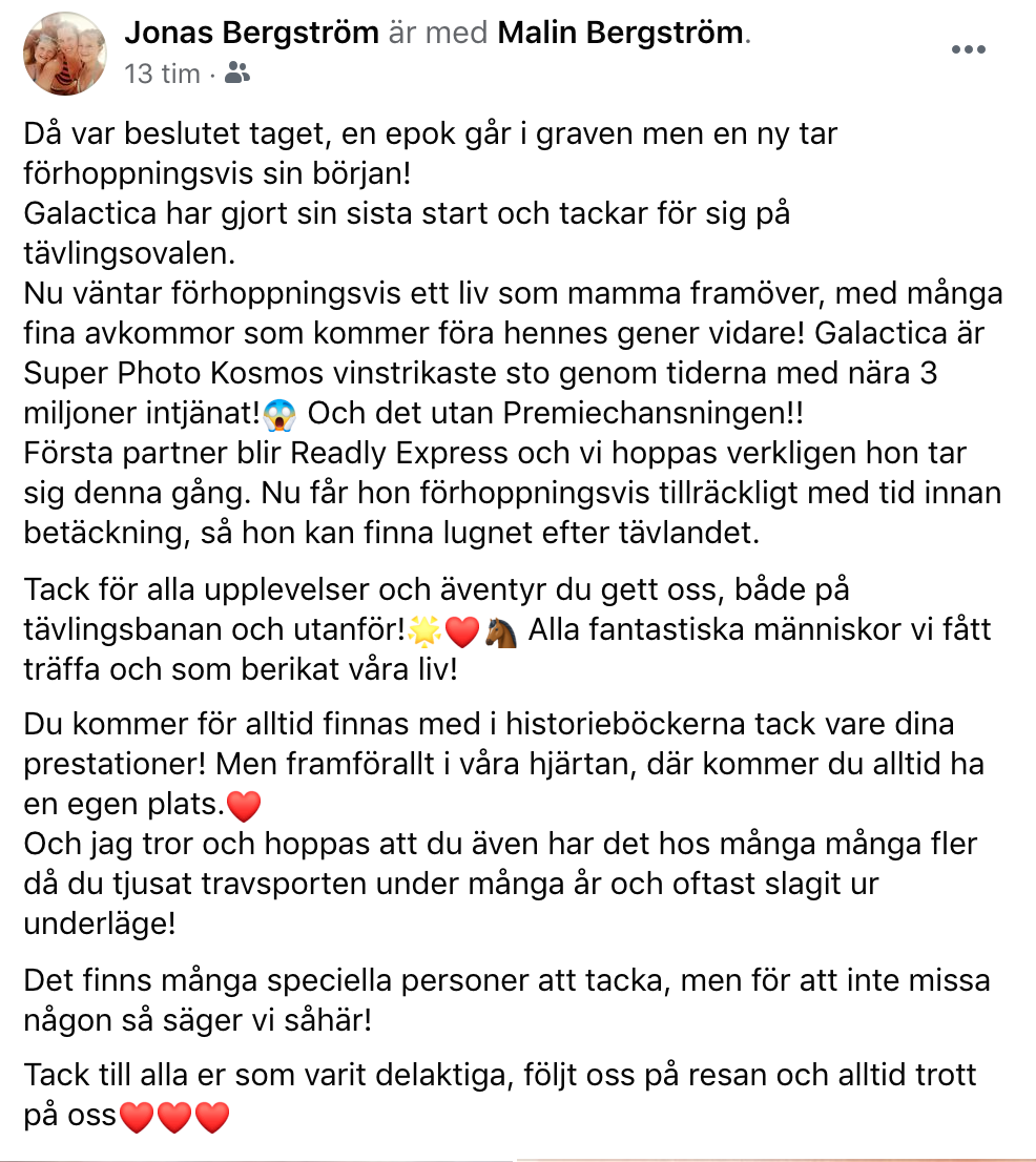 Jonas  Bergström meddelade under tisdagen på Facebook att Galactica slutar att tävla.