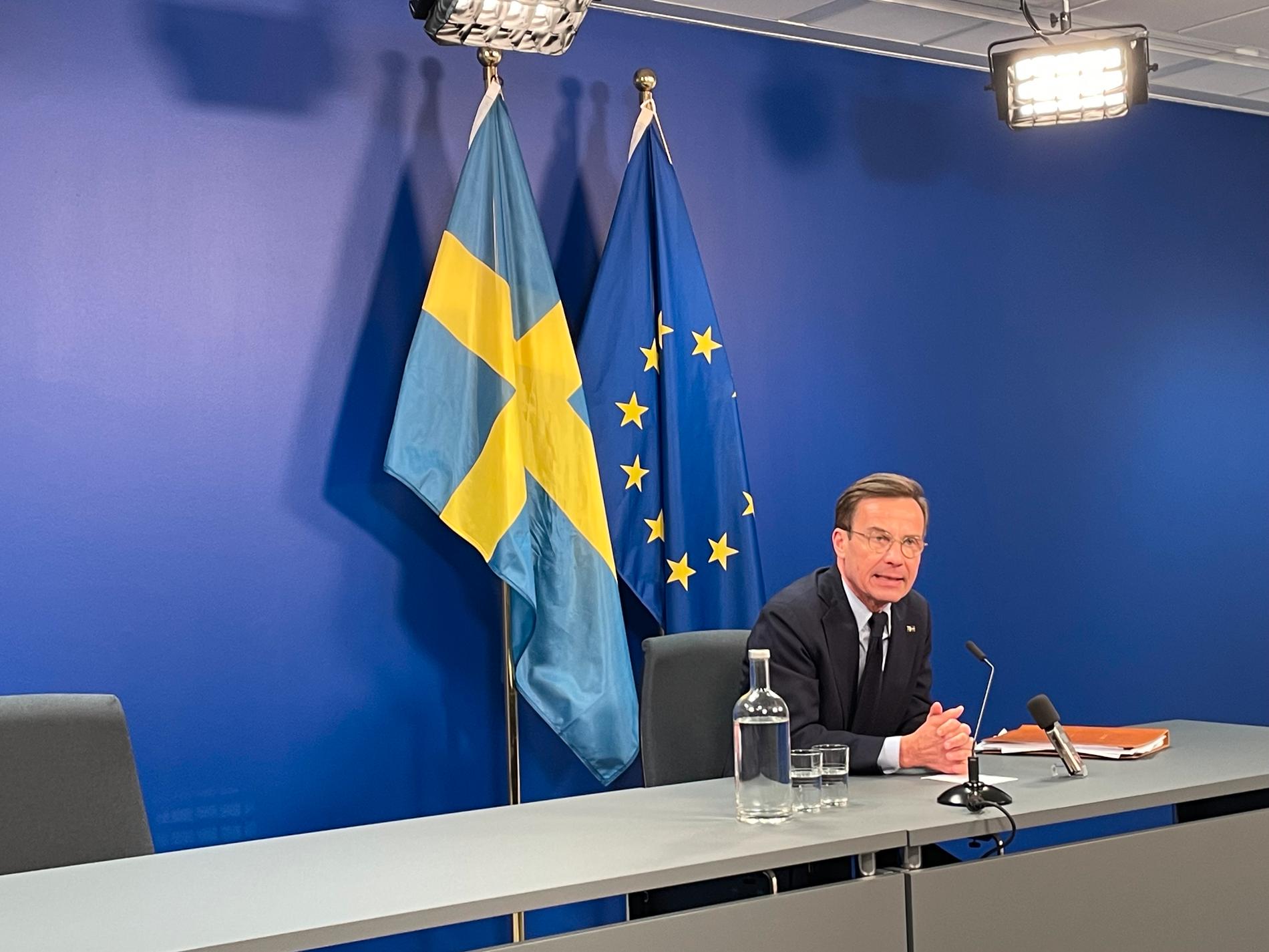 Statsminister Ulf Kristersson (M) håller presskonferens i Bryssel efter veckans EU-toppmöte.