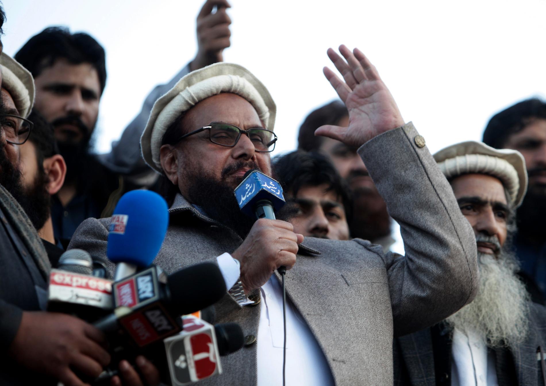 Hafiz Saeed under ett tal vid en demonstration i Lahore i Pakistan i februari 2019. Arkivbild.