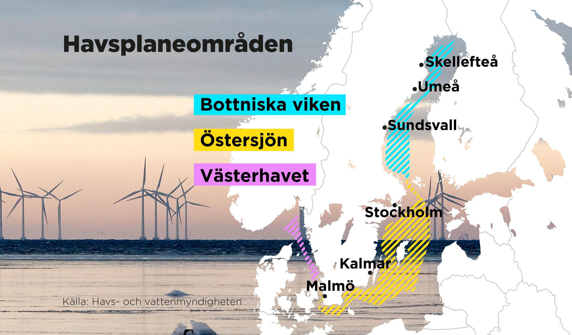 Tre områden för statliga havsplaner och foto på vindkraftsparken Lillgrund i Öresund.