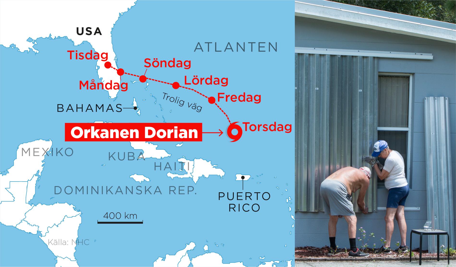 Orkanen Dorians väg mot USA.