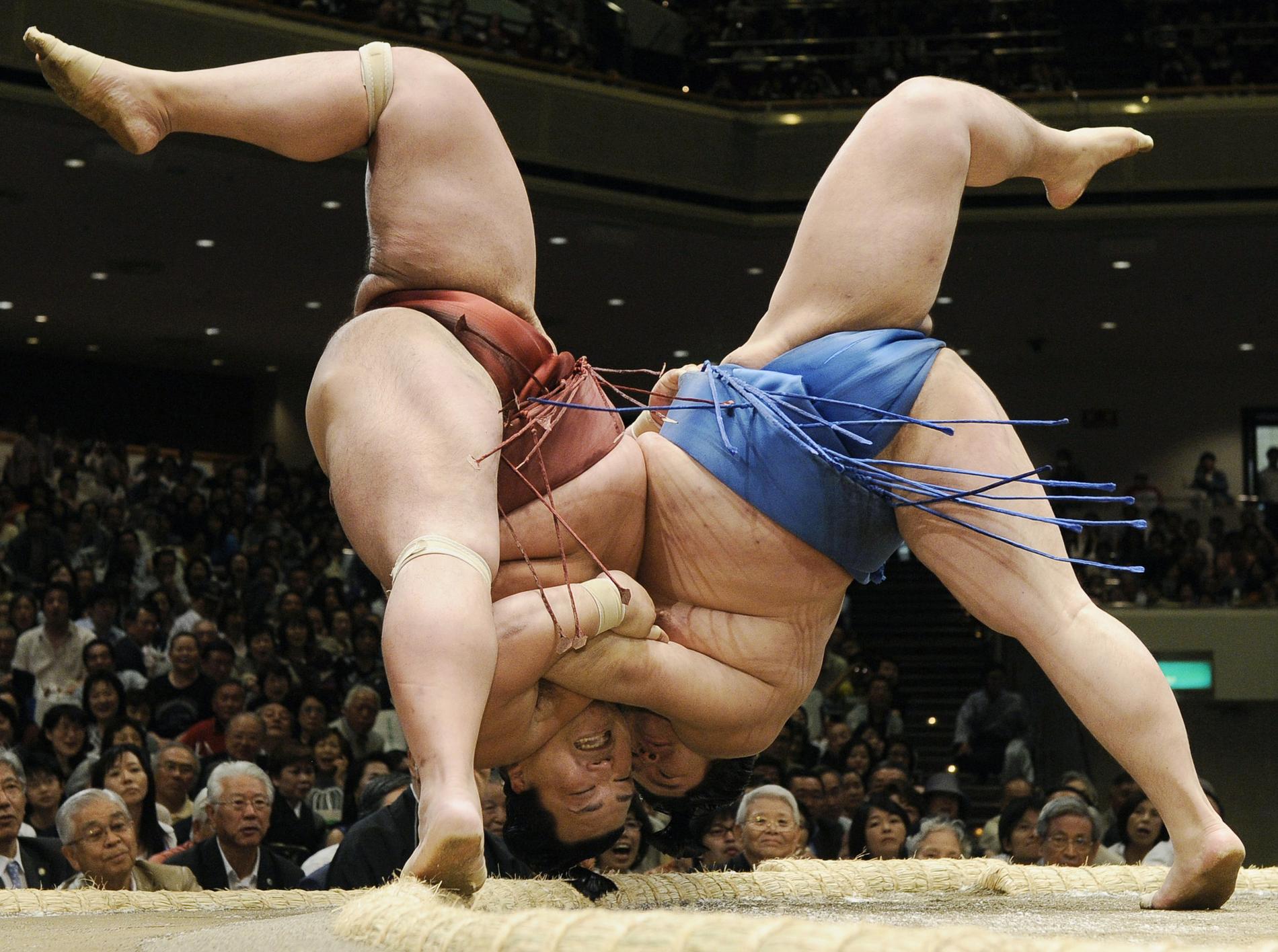 Sumobrottarna Tosayutaka (till höger) och Toyohibiki vid en match i Toyo 2010. Arkivbild.