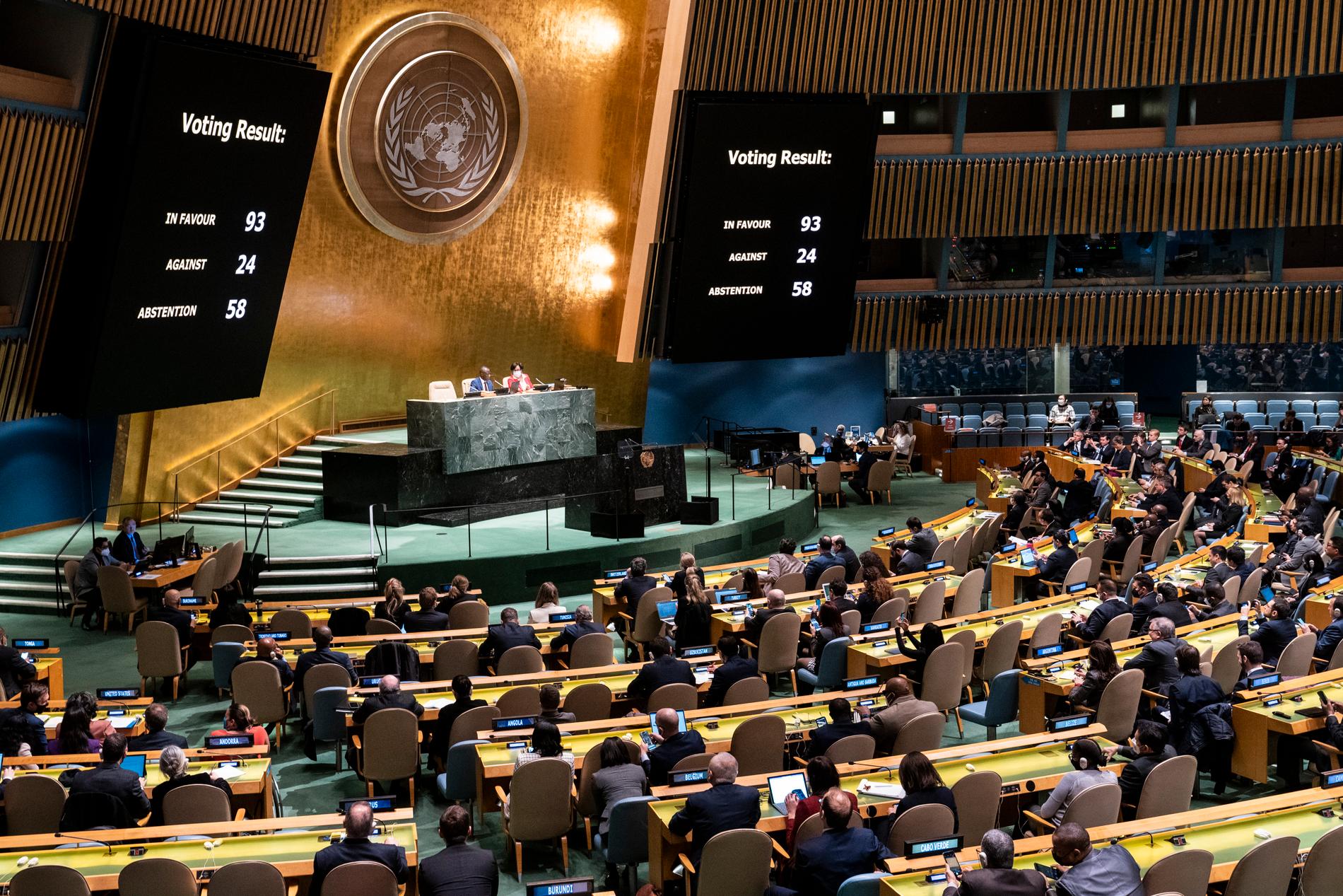 FN:s generalförsamling röstade om en resolution med krav på att Ryssland ska dra sig tillbaka från Ukraina.