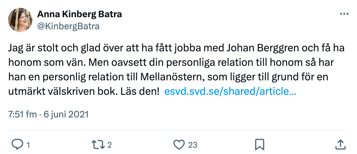 Den moderata statssekreteraren Johan Berggren är vän till Anna Kinberg Batra.
