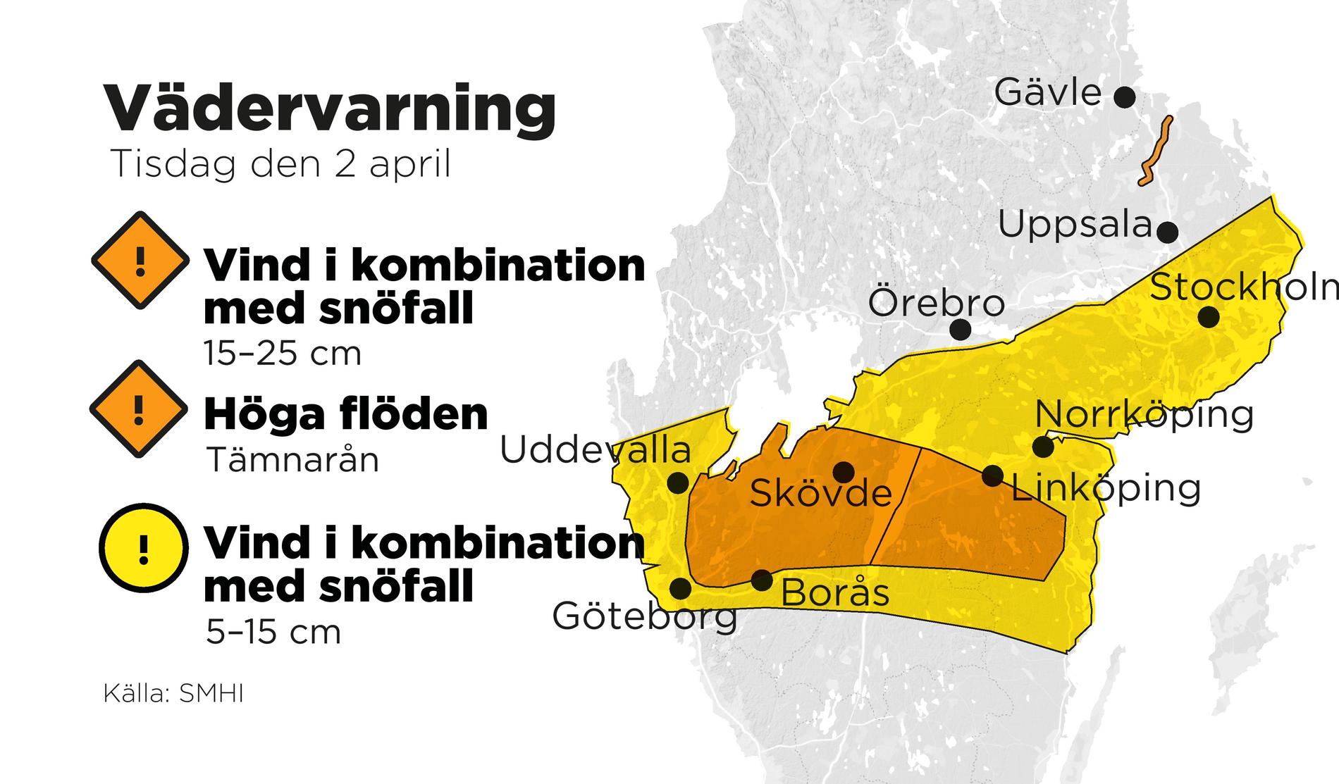 SMHI har utfärdat orange och gula varningar för vind i kombination med snöfall i södra Sverige.