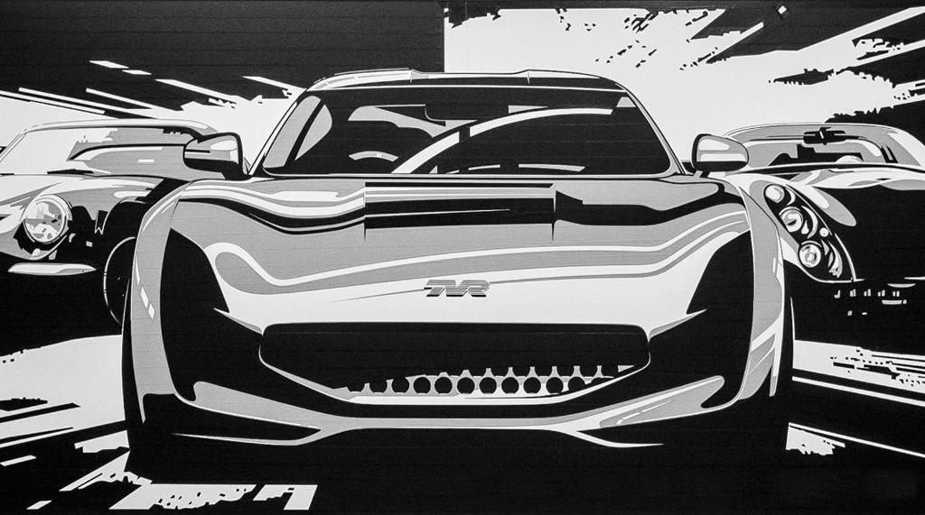 Den skissbild som TVR visade upp på London Motor Show förevisar den kommande sportbilen.