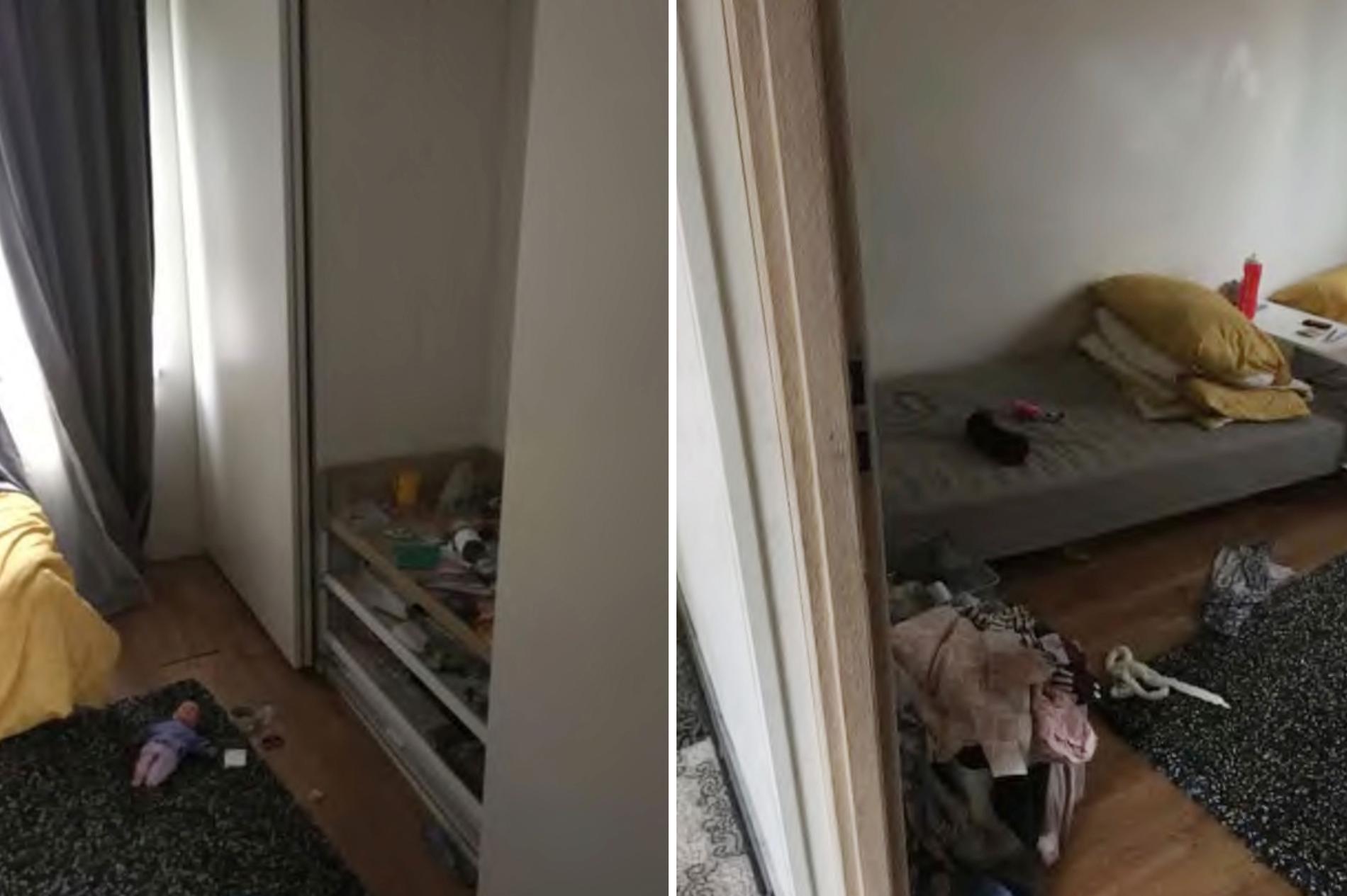 Polisens bilder på ett sovrum i familjens hem. 