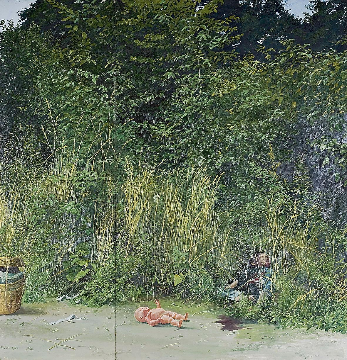 Gerhard Nordström, ”Dockan”, 1972, ur sviten Sommaren 1970, olja på masonit. En av målningarna på Malmö konsthall som får en smärtsam aktualitet efter massmorden på Utöya i somras.© Borås Konstmuseum