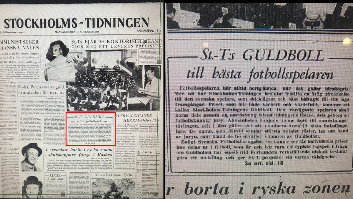 Stockholms-Tidningen 11 november 1946: Första gången Guldbollen nämns i svensk press.