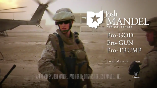 Veteranen och republikanen Josh Mandel säger sig vara ”för Gud, för vapen, för Trump”. 