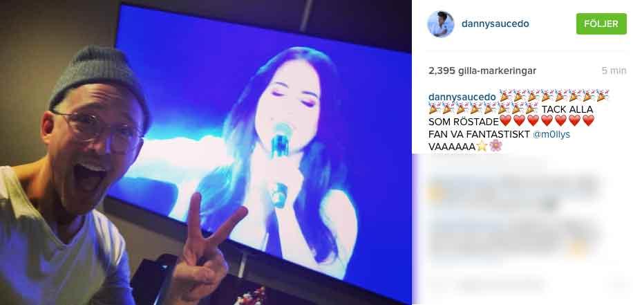 Danny Saucedo uttryckte sin glädje på Instagram när Molly gick till final i Melodifestivalen.