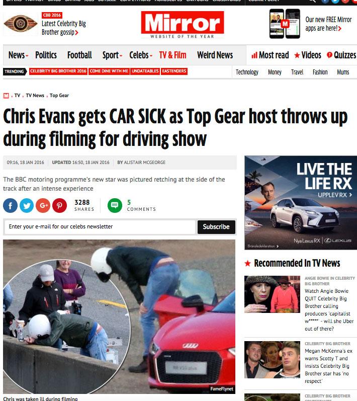 Brittiska the Mirror rapporterar om att Chris Evans har problem med åksjuka.