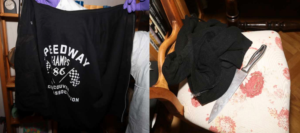 Hans tröja hittades i lägenheten bredvid det misstänkta mordvapnet. 