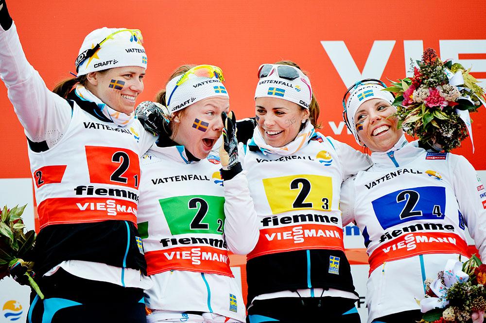 Medaljer i damstafetten genom tiderna VM 2013 i Val di Fiemme, Ida Ingemarsdotter, Emma Wikén, Anna Haag, Charlotte Kalla tog silver.