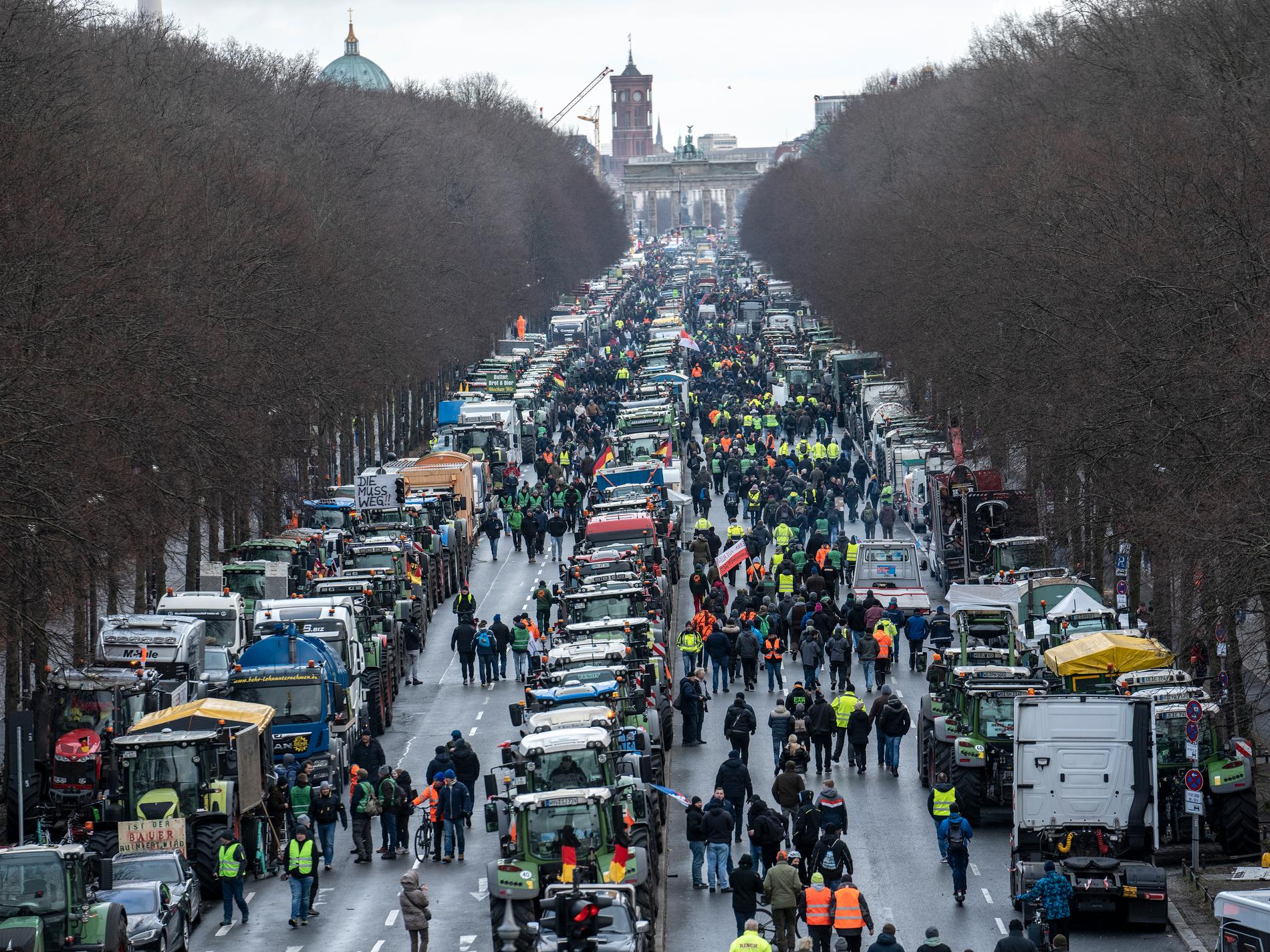 Traktorer lamslår Berlin i bondeprotest