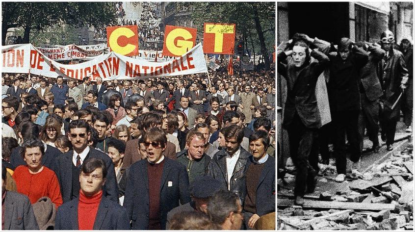 Protesternas uppgång – och fall. Massdemonstration med studenter och arbetare sida vid sida under majrevolten i Paris 1968 – och gripna studenter förs bort av fransk kravallpolis.