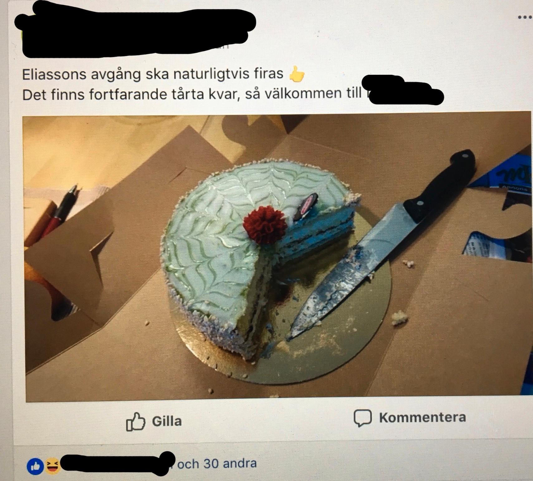 Dan Eliassons avgång firas med tårta enligt uppgifter till Aftonbladet.
