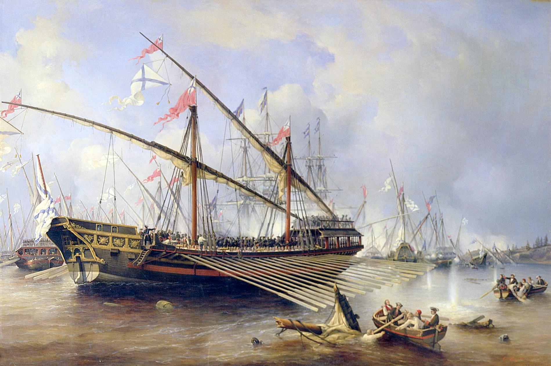 Målning av Ferdinand Victor Perrot som föreställer slaget vid Ledsund på Åland 1720. 