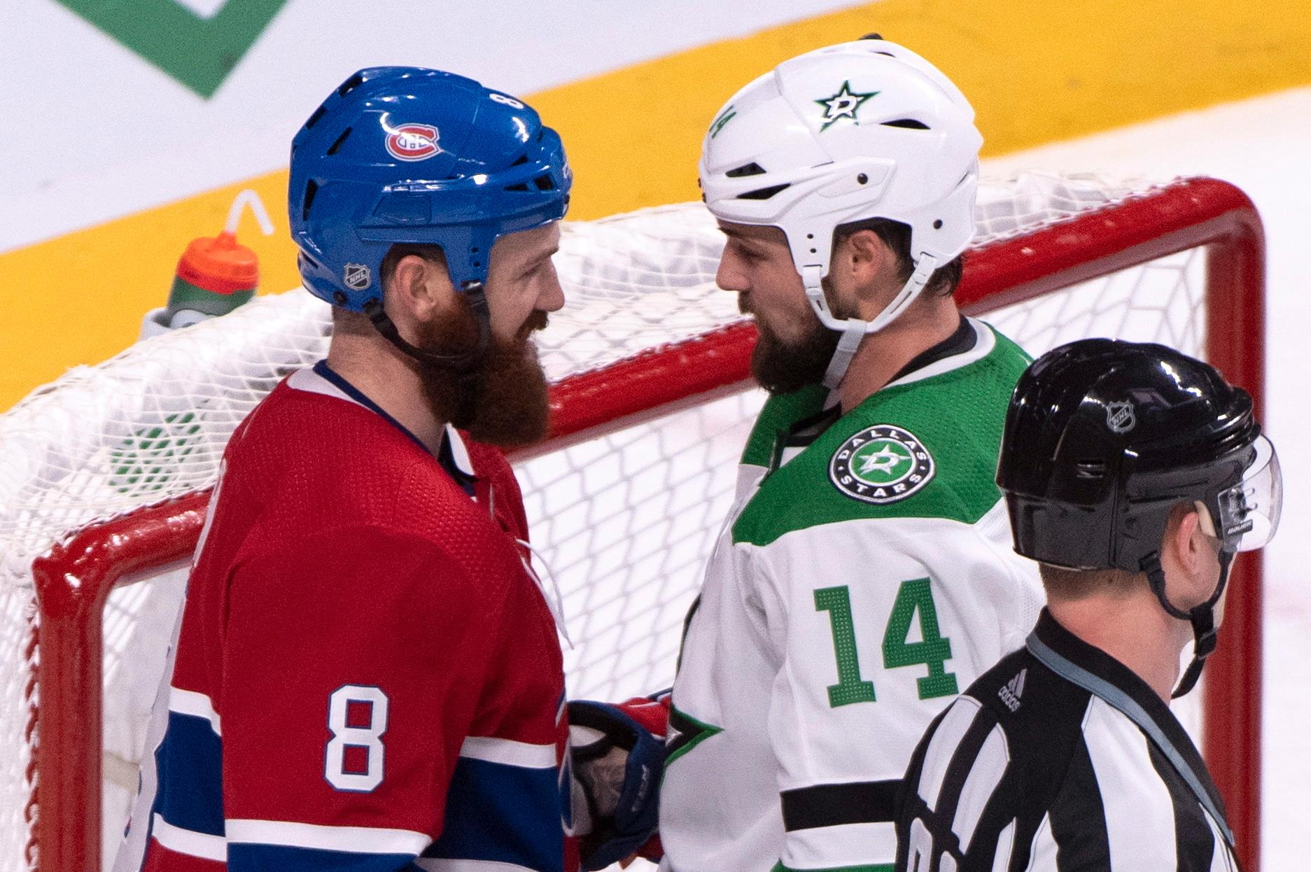 Bröderna Jordie och Jamie Benn under en NHL-match mellan Montreal och Dallas. Båda utan visir och halsskydd.