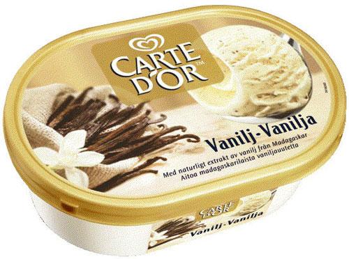 Många vaniljstänger På locket till Carte D´Or Vanilla syns mängder av vaniljstänger. Men enligt Mats-Eric Nilsson kommer den större delen av smaken från aromämnen.