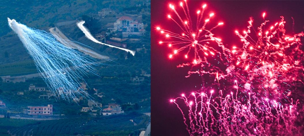 Ett granat med vad som verkar vara vit fosfor från israeliskt artilleri exploderar över Kfar Kila, en libanesisk gränsby nära Israel, november 2023. Till höger fyrverkeri i Gävle, nyårsafton 2022.