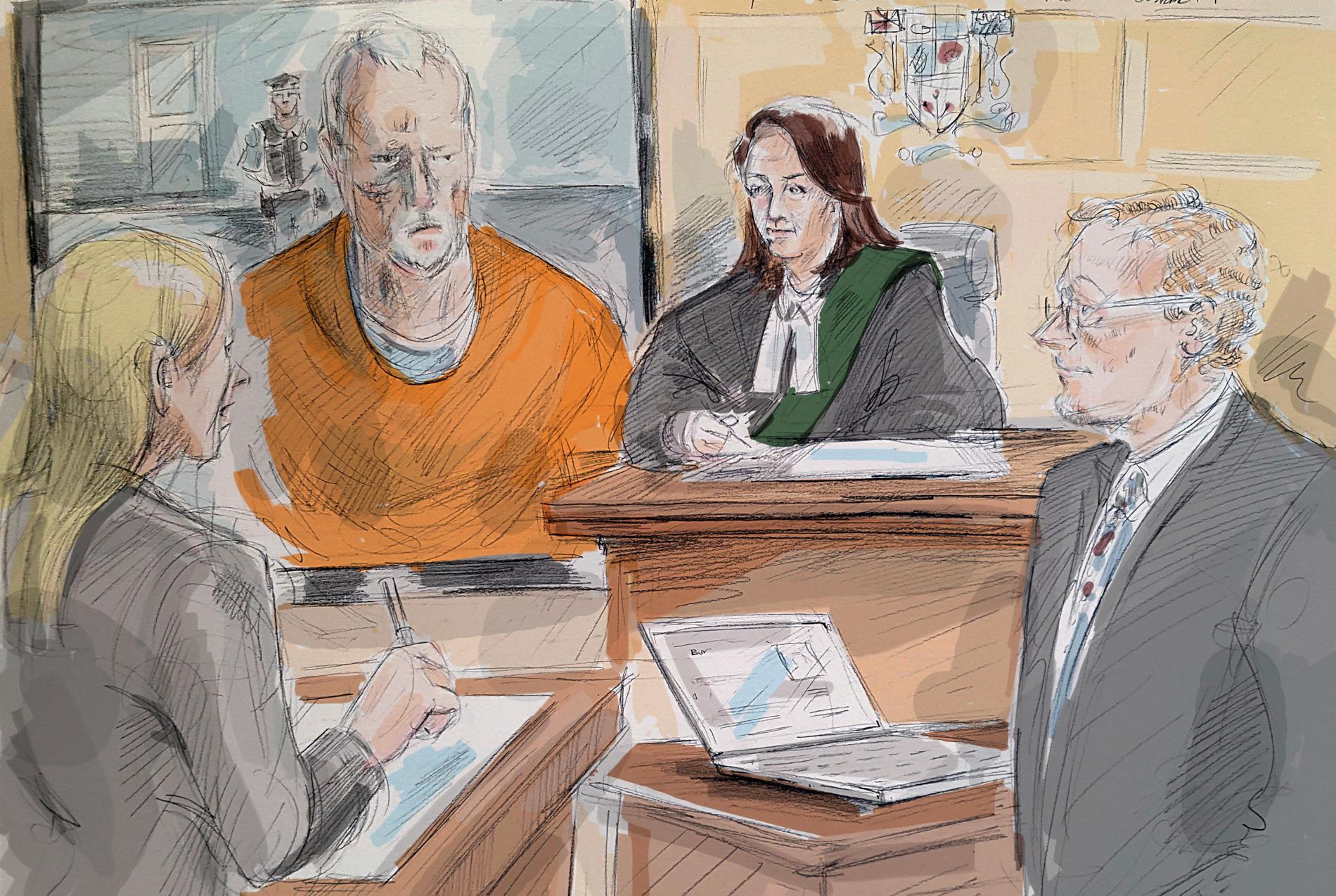 Illustration av Bruce McArthur vid ett videosänt domstolsframträdande. Arkivbild.