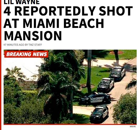 TMZ rapporterar att fyra ska ha skottskadats vid lyxvillan i Miami.
