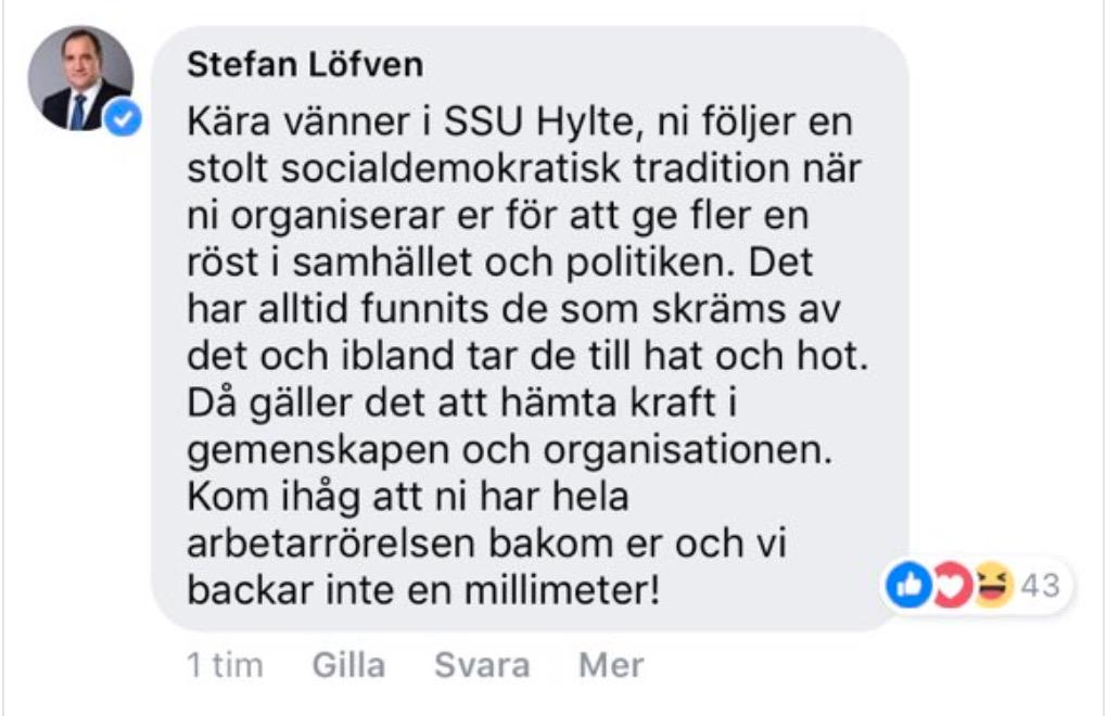 Statsminister Stefan Löfven ger SSU Hylte sitt stöd.