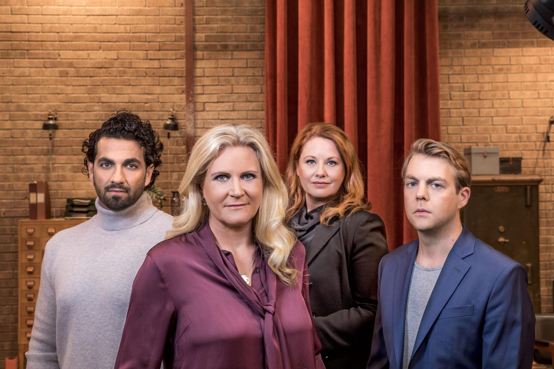 Camilla Kvartoft, programledare för ”Veckans brott”, tillsammans med Johanna Björkman, advokat, Nadim Ghazale , polis, samt Christoffer Carlsson, författare och kriminolog.