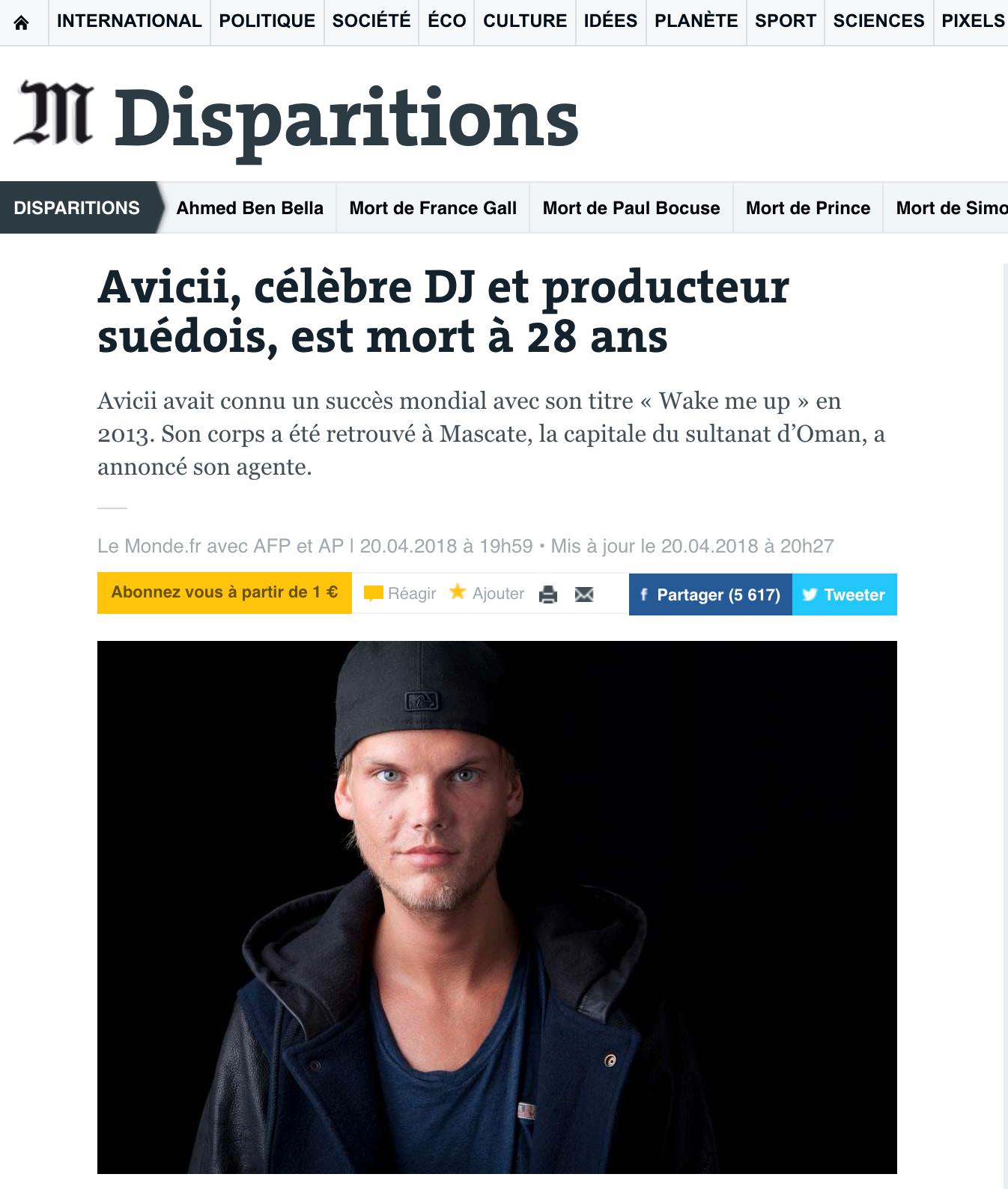 Franska Le Monde om Aviciis död.