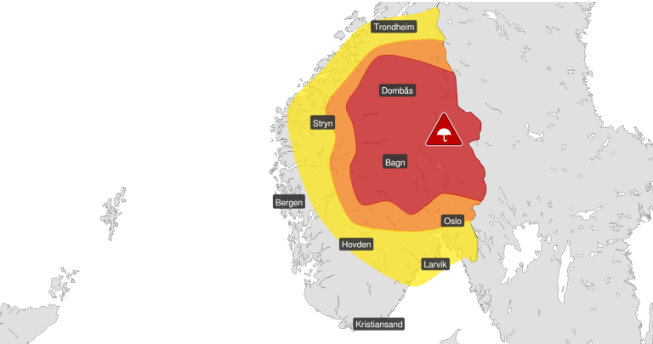 Röd varning om extremregn har utfärdats för delar av Norge. Ovädret väntas bli det värsta på 25 år för delar av landet.