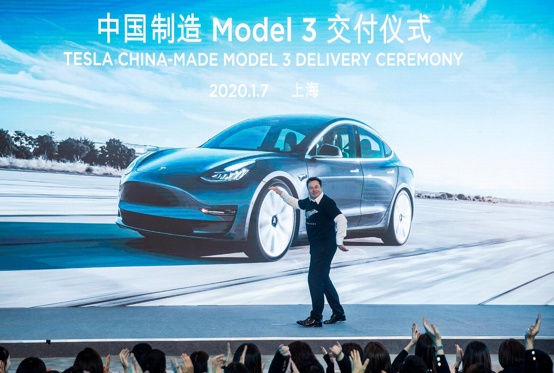 Elon Musk framför en bild på Tesla Model 3.