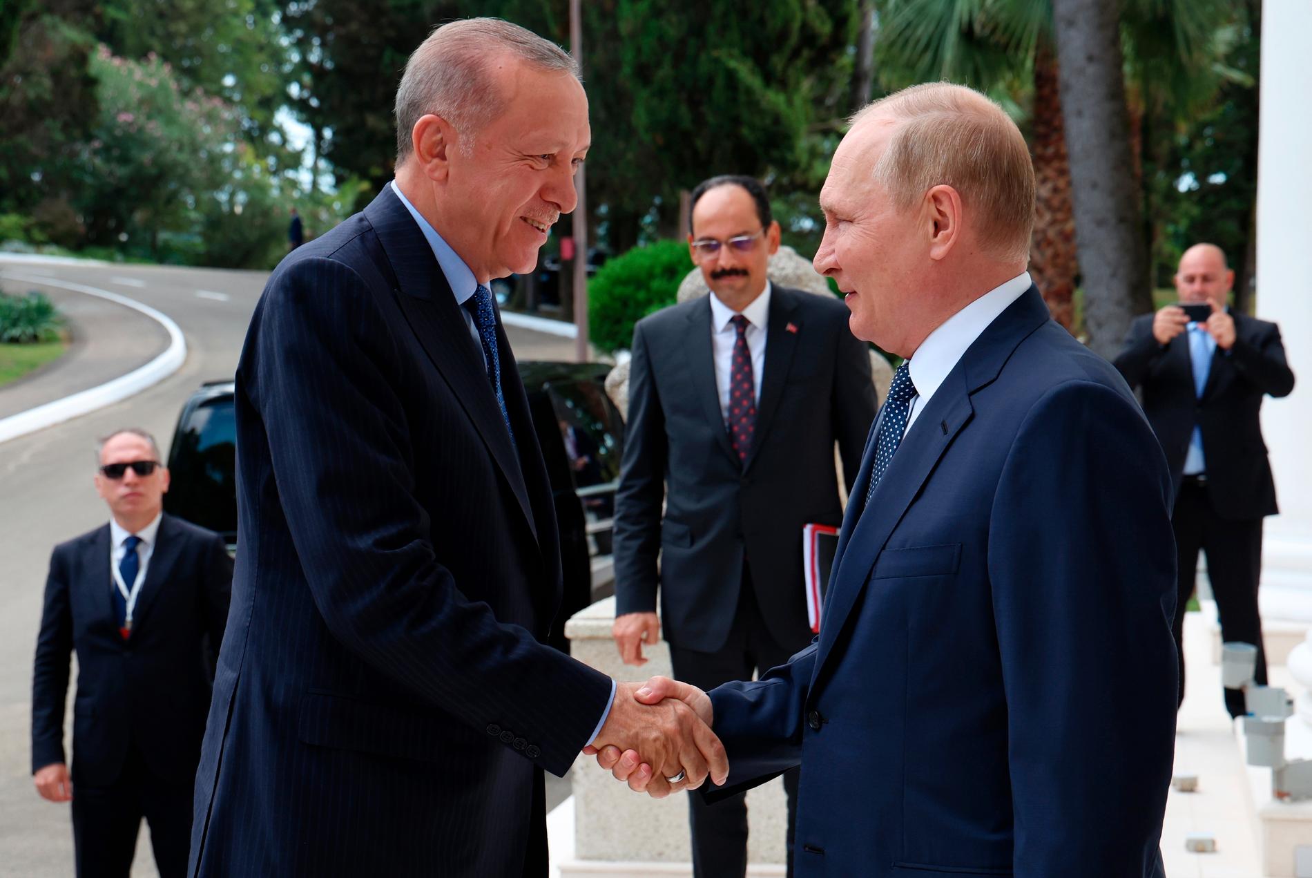 Turkiets president Recep Tayyip Erdogan hälsar på sin värd, Rysslands president Vladimir Putin, i Sotji vid Svarta havet på fredagen.