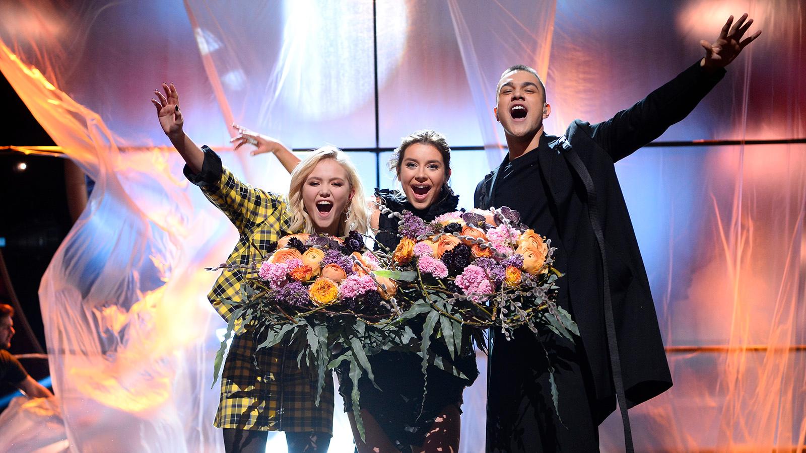 Malou Prytz, Hanna Ferm och Liamoo jublar över sina finalplatser i Melodifestivalen.